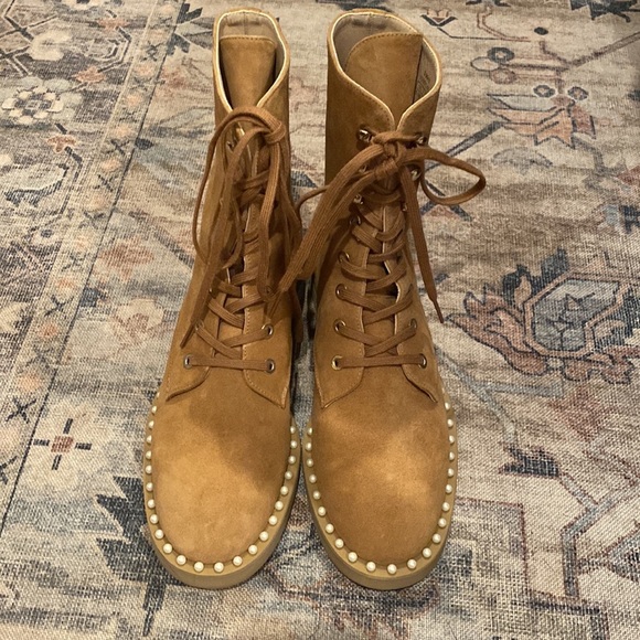 Stuart Weitzman Chelsea Brown Suede Pearl Combat Hiking Boots - Picture 3 of 12